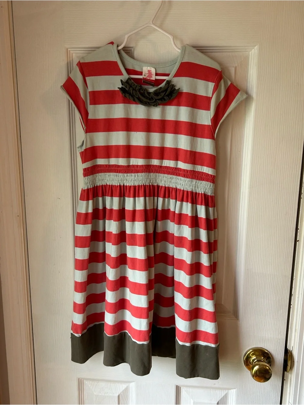 Matilda Jane Serendipity Red and Mint Striped Dress with Brown Trim